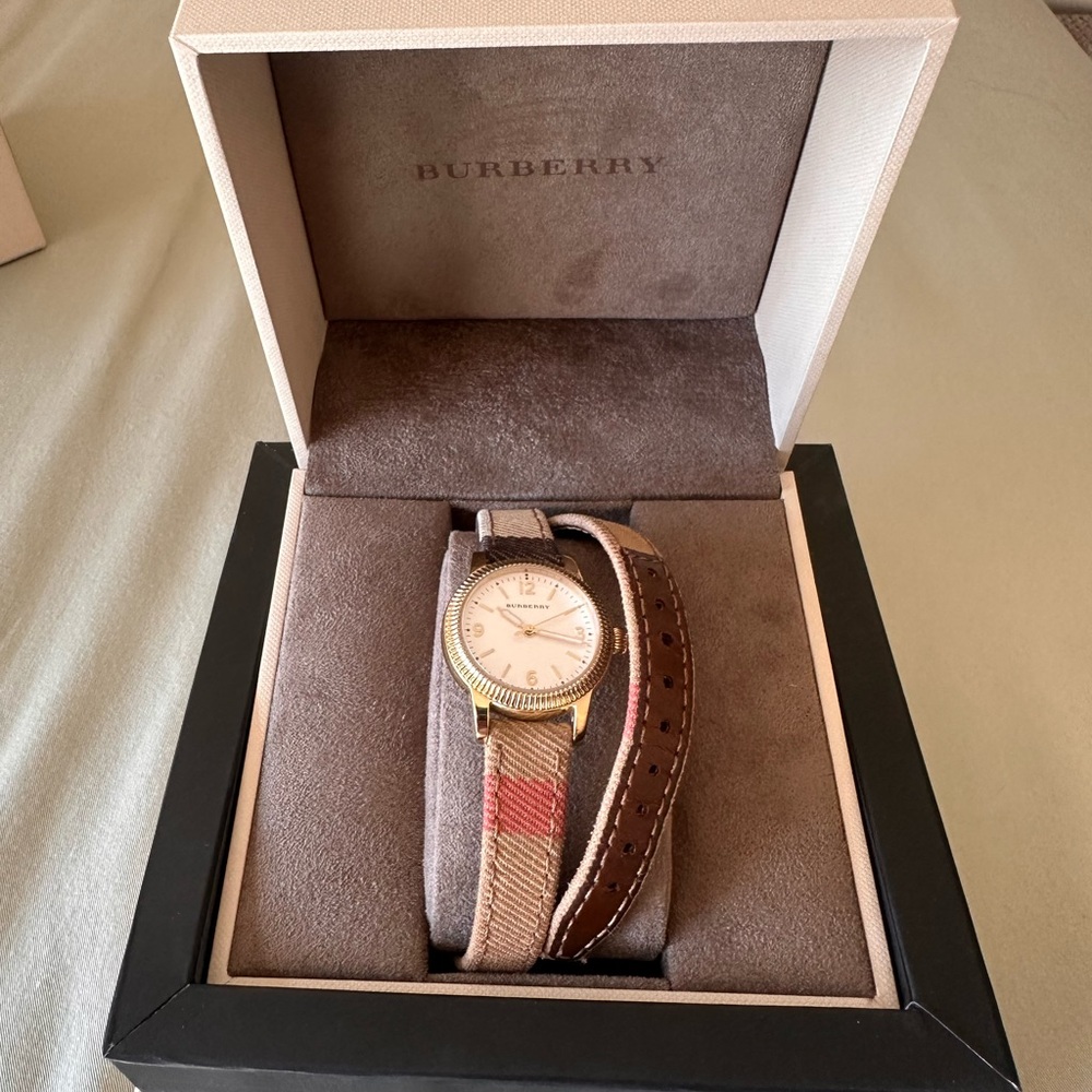 Burberry Gold-Tone Wrap Watch with Beige Check & Brown Leather Strap